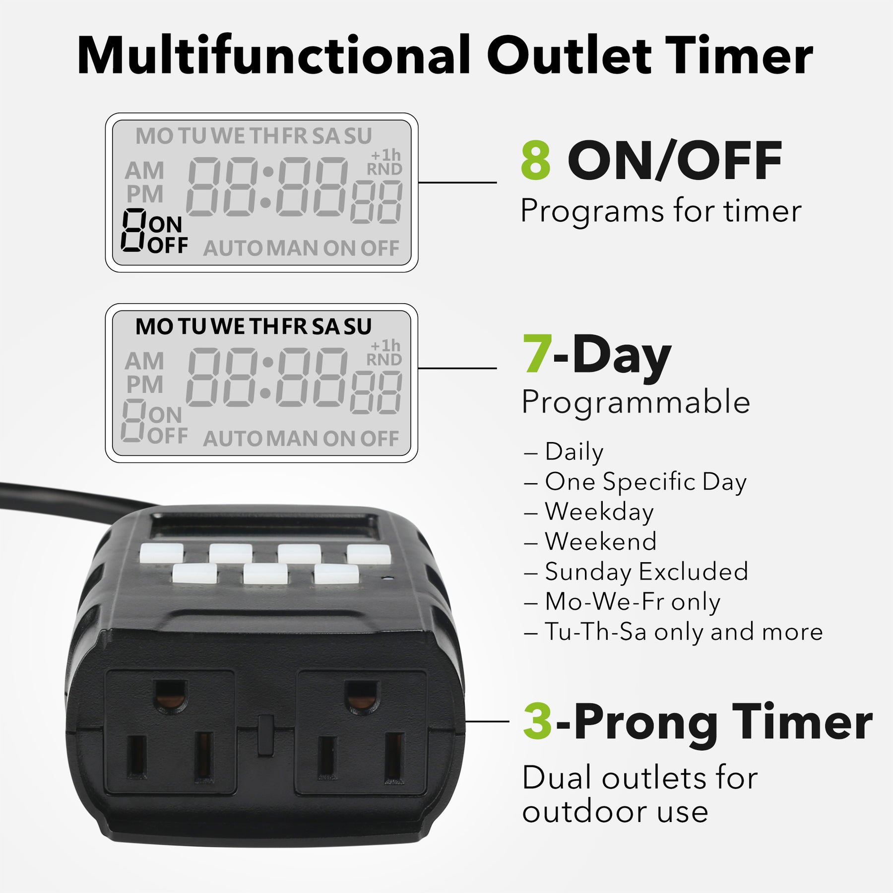 BN-LINK Temporizador de salida dual programable de 24 horas mecánico  compacto para exteriores, temporizador de enchufe, impermeable, resistente