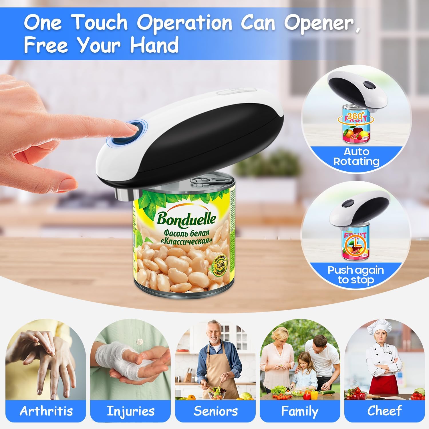 Rechargeable Electric Can Opener, One Touch Automatic Can Opener for Kitchen and Seniors with Arthritis, Smooth Edge & Handsfree, Ultra-Compact Opener Fits All Can Sizes Bn-link