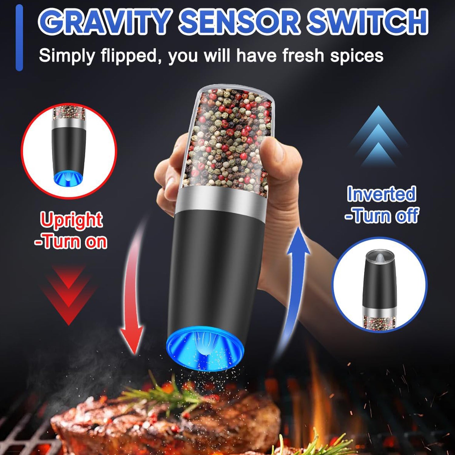 Gravity Electric Pepper and Salt Grinder Set, 2pack Battery Operated Automatic Pepper Mill Grinder with LED Light, Adjustable Coarseness, One Hand Automatic Operation Bn-link