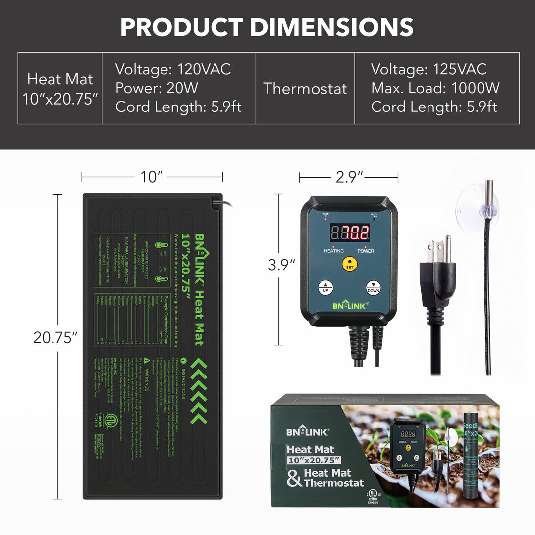 VIVOSUN 10x20.75 Seedling Heat Mat and Digital Thermostat Combo Set Met Standard