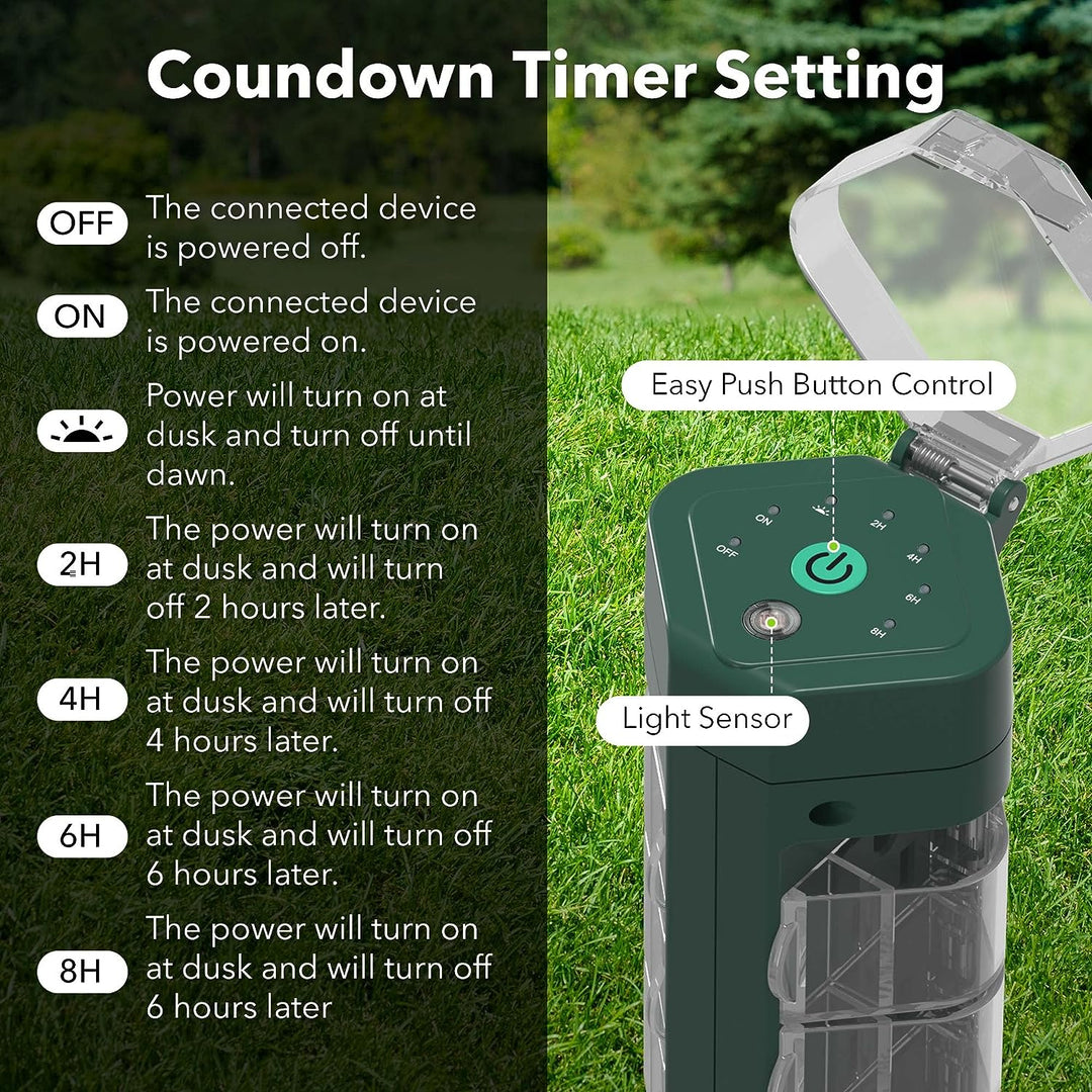 HBN Outdoor Light Timer Waterproof, Weatherproof Photocell Dusk to Dawn  Light Sensor Timer with Remote Control, 2/4/6/8 Countdown Timer, 1 Grounded