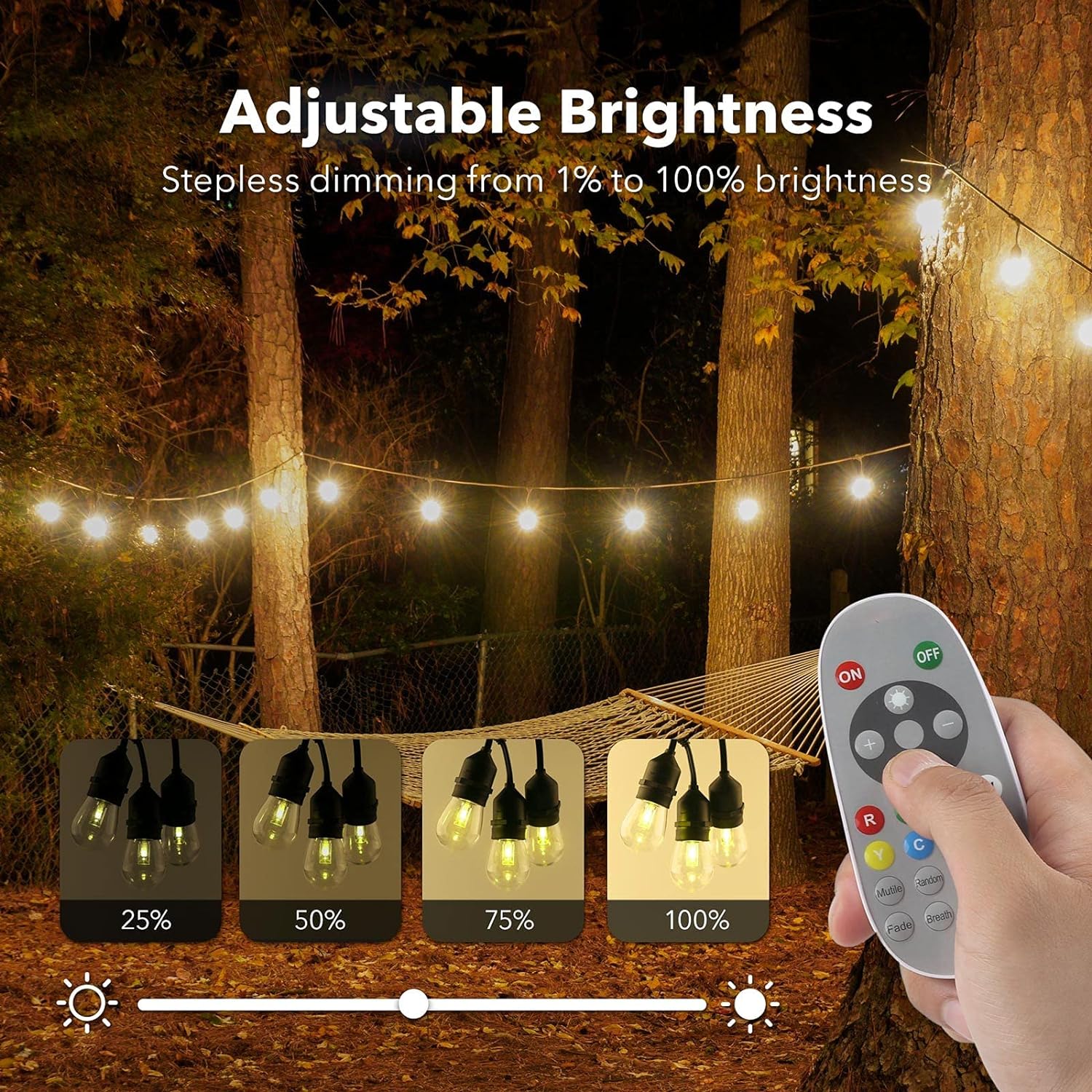 48ft Waterproof RGBW-Remote Controlled  15 LED Bulbs Shatterproof & Dimmable Outdoor String Lights HBN
