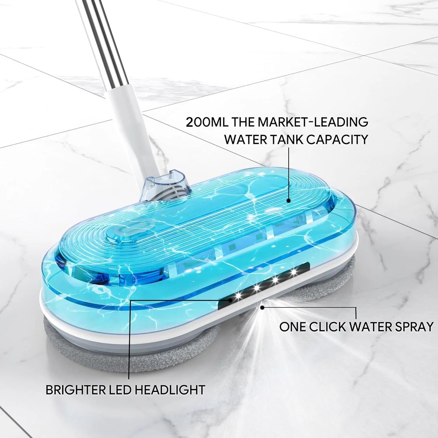 Cordless Electric Mop with Water Sprayer & LED Headlight, Powerful Floor Cleaner with 200ML Water Tank Bn-link