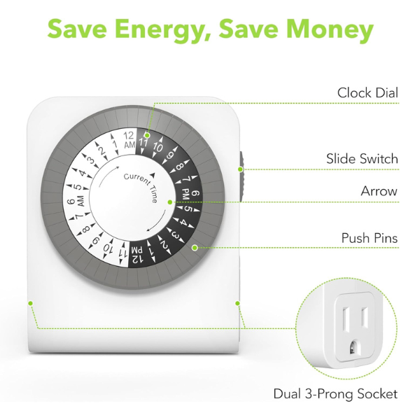 Indoor Dual Outlet Timers Heavy-Duty Mechanical 24-Hour3-Prong Design with 30-Minute Intervals Bn-link - BN-LINK