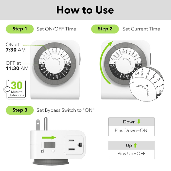 Indoor Dual Outlet Timers Heavy-Duty Mechanical 24-Hour3-Prong Design ...