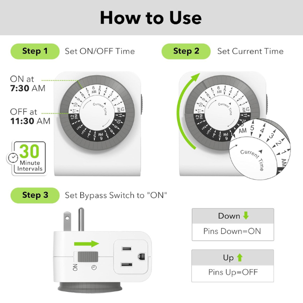 Indoor Dual Outlet Timers Heavy-Duty Mechanical 24-Hour3-Prong Design with 30-Minute Intervals Bn-link - BN-LINK