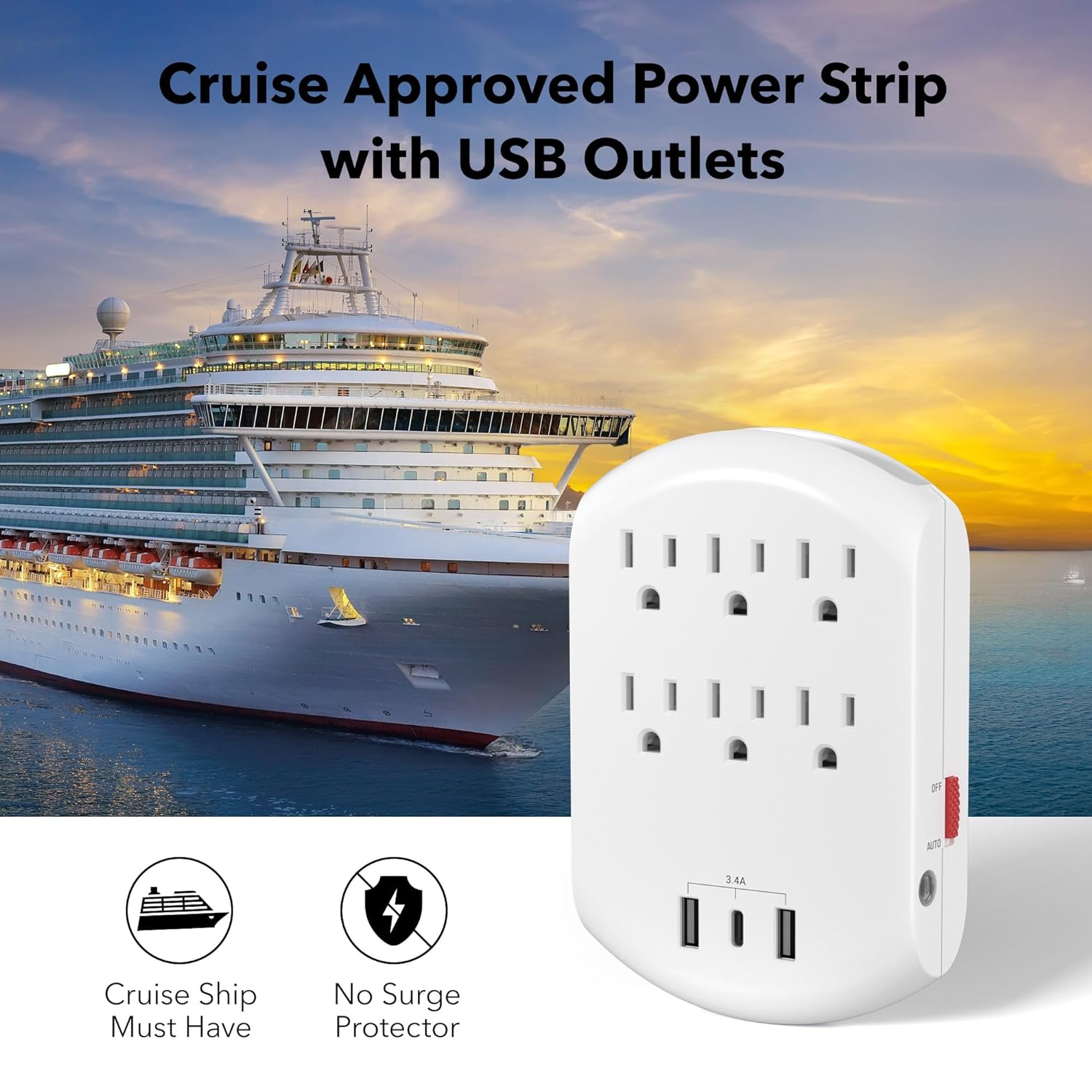 USB Multi Plug Outlet Wall Charger With Auto Sensor LED Night Light, 6 Outlets 3 USB Charging Ports Bn-link - BN-LINK