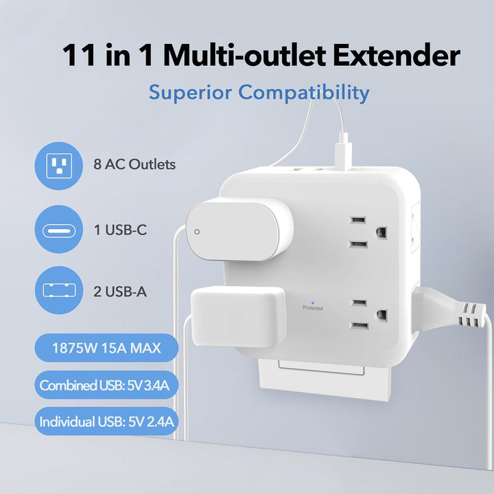 BN-LINK Multi Plug Outlet Extender with 2 USB A 1 USB C(5V,2.4A)