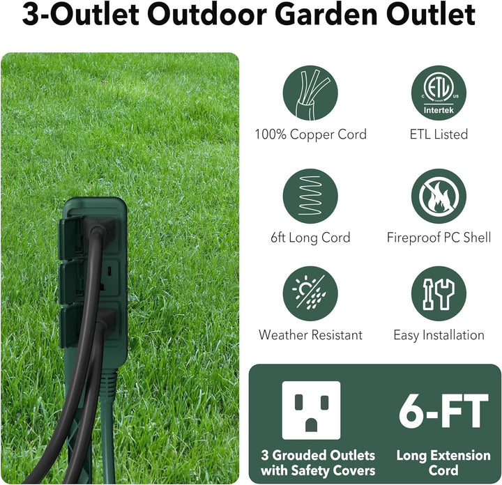 Outdoor Power Stake Waterproof Long Outdoor Extension Cord with 3 Grouded Outlets HBN - BN-LINK