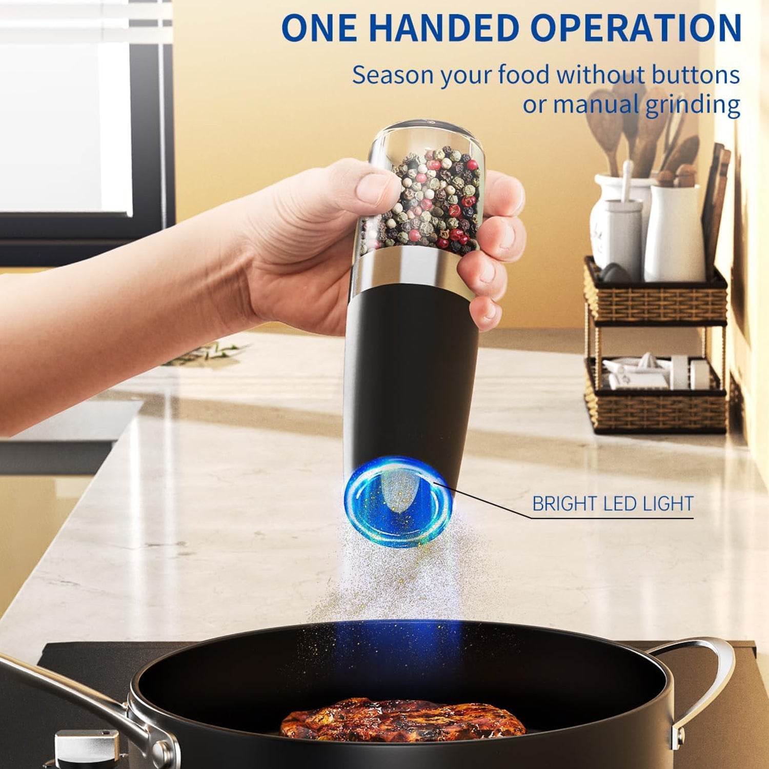 Gravity Electric Pepper and Salt Grinder Set, 2pack Battery Operated Automatic Pepper Mill Grinder with LED Light, Adjustable Coarseness, One Hand Automatic Operation Bn-link