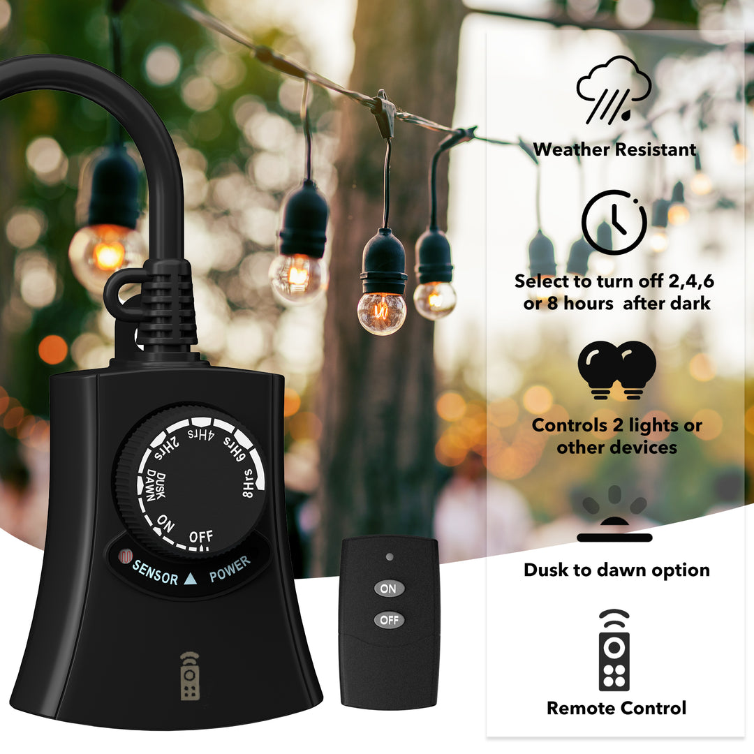 Outdoor Photocell Light Timer Waterproof Dusk to Dawn Light Sensor Timer 2 Grounded Remote Control HBN - BN-LINK