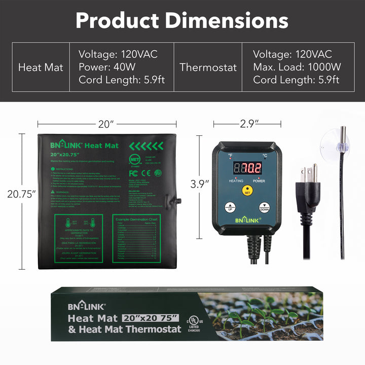 Seedling Heat Mat 20" x 20.75" with Heating Thermostat Outlet Controller BN-LINK - BN-LINK