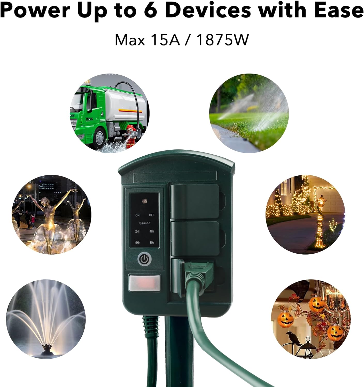 BN-LINK Outdoor Power Stake With 6 Outlets & Weatherproof Cover - 6ft Extension Cord