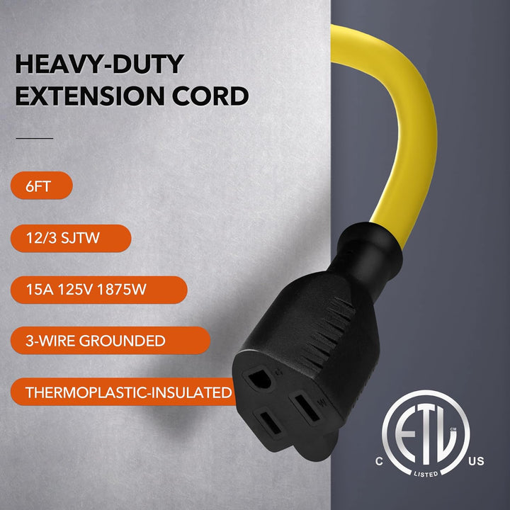 6ft Waterproof Outdoor Extension Cord 12/3 SJTW Heavy Duty Power Yellow Cord Bn-link - BN-LINK