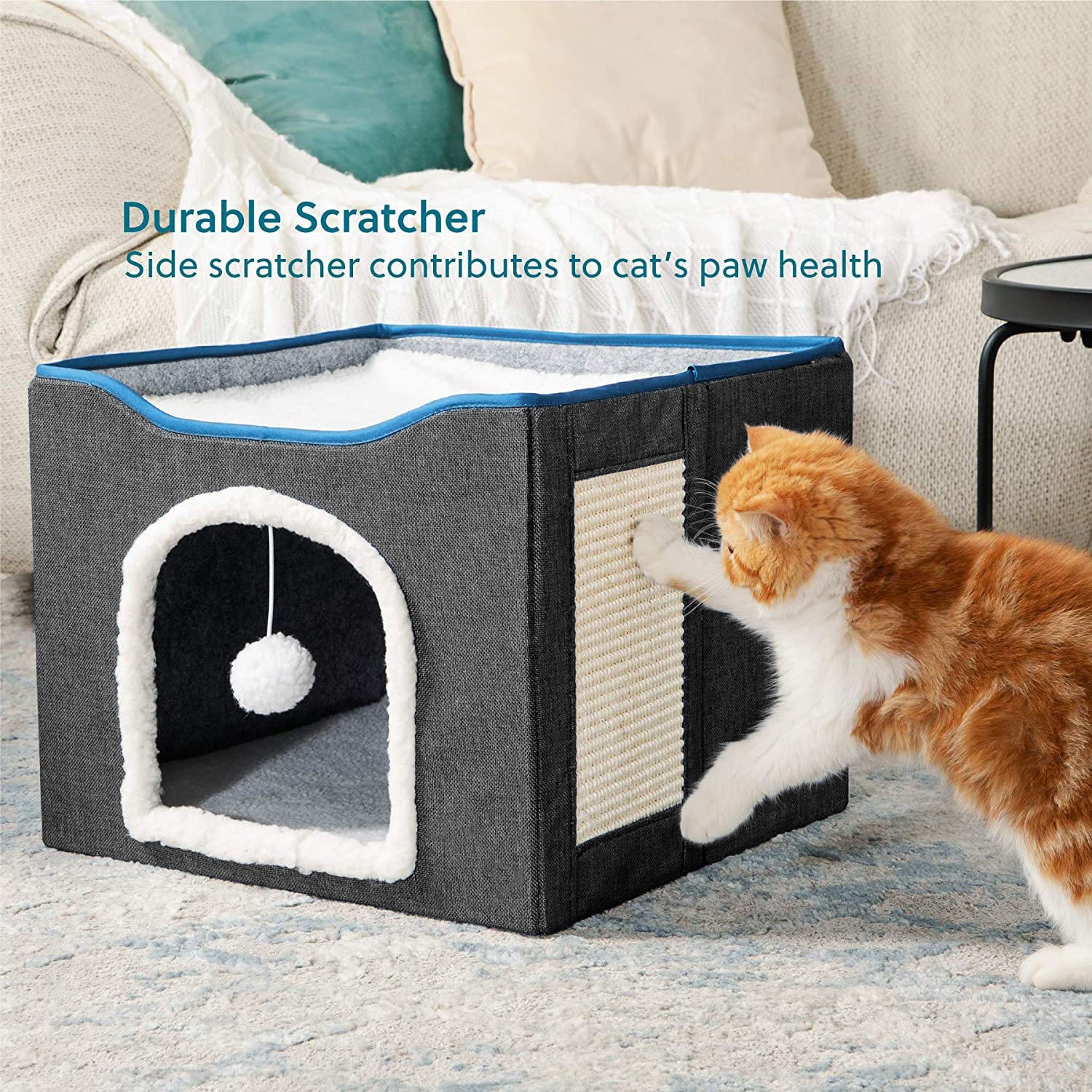 Cat Bed, Cat Cave with Fluffy Ball and Scratch Pad, Foldable Cat Condo Hideaway with Reversible Cushion for Multi Small Pet Bn-link