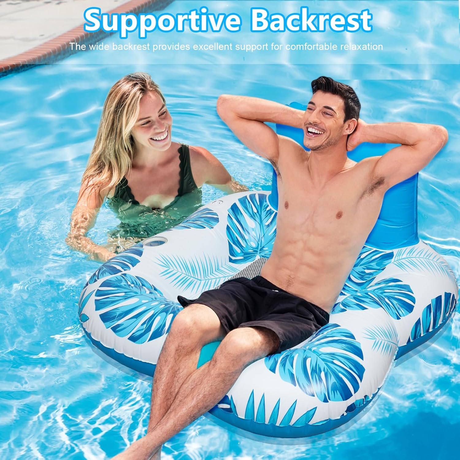 Inflatable Pool Floats Lounger, Water Floats Raft Chair with Cup Holders & Backrest, Beach Pool Party Toys for Adults Bn-link