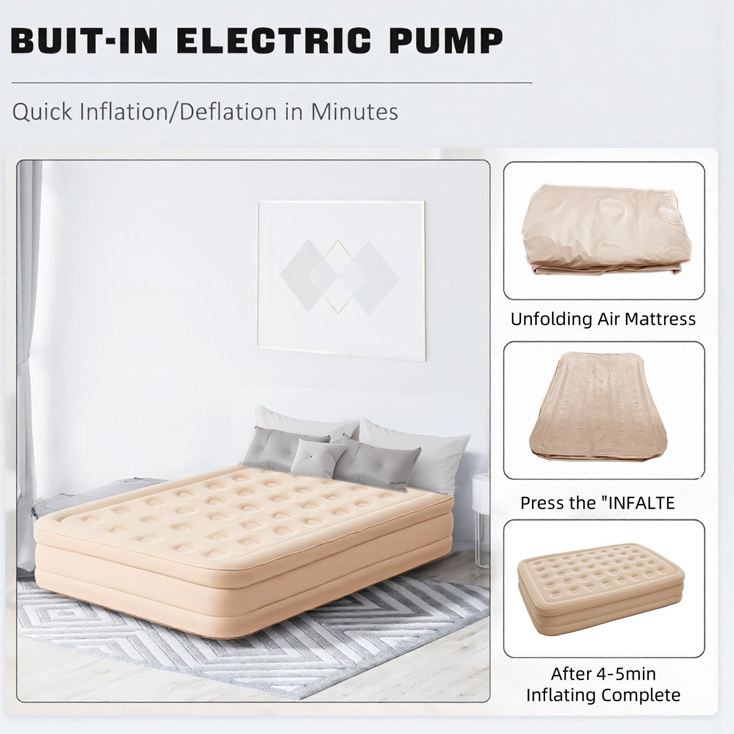 75 x 39 x 16/ 81 x 60 x 16 inches Queen Air Mattress, Air Mattress with Built in Pump, Inflatable Air Mattress for Guests, Camping & Home, 770lb Weight Capacity Khaki Bn-link