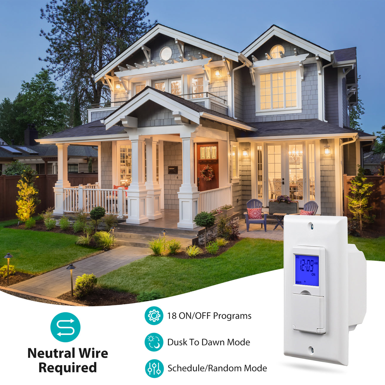 7 Day Programmable Astronomical in-Wall Timer Switch Neutral Wire Requ