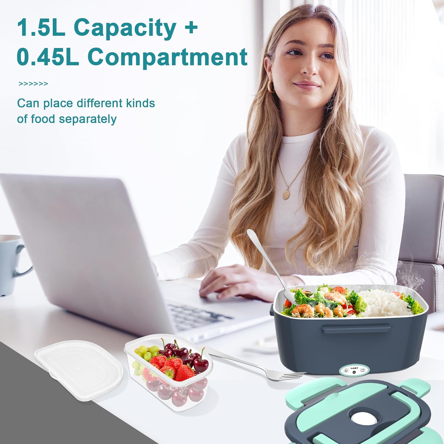 Electric Lunch Box, 3 in 1 Heated Lunch Boxes for Adults, Stainless Steel Food Warmer with 1.5L Container Fork & Spoon, for Work/Car/Truck/Travel Bn-link