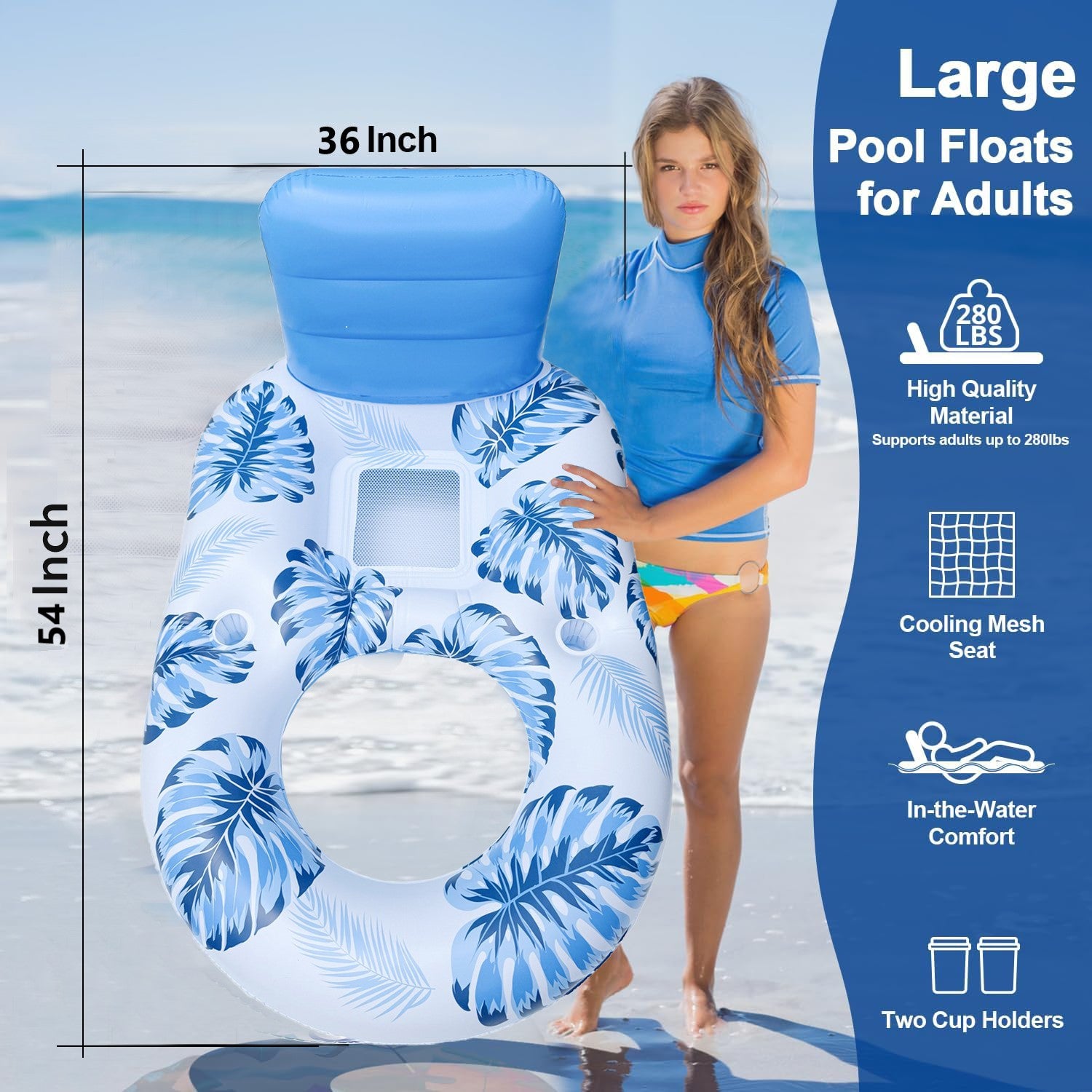 Inflatable Pool Floats Lounger, Water Floats Raft Chair with Cup Holders & Backrest, Beach Pool Party Toys for Adults Bn-link