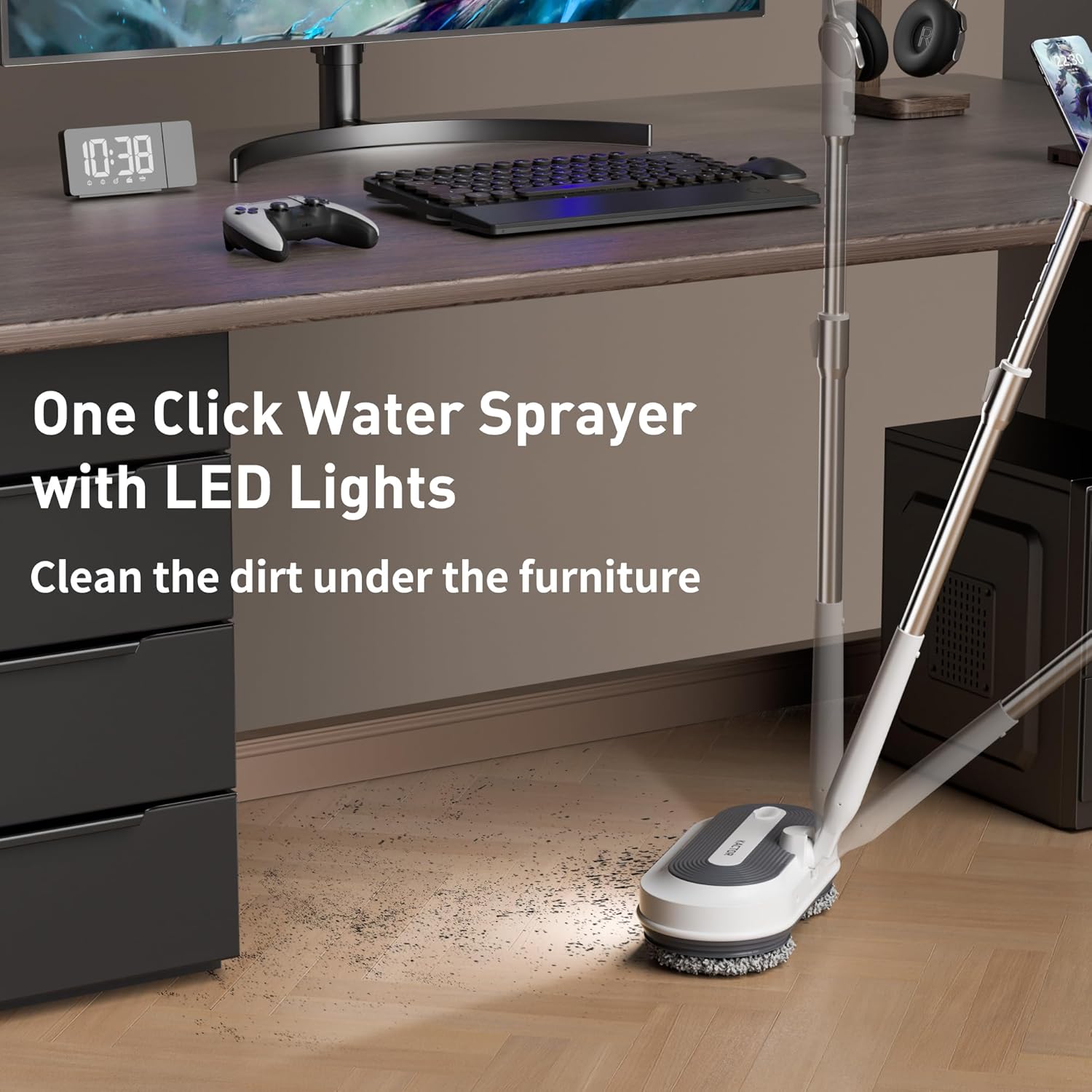 Cordless Electric Mop with Water Sprayer & LED Headlight, Powerful Floor Cleaner with 200ML Water Tank Bn-link
