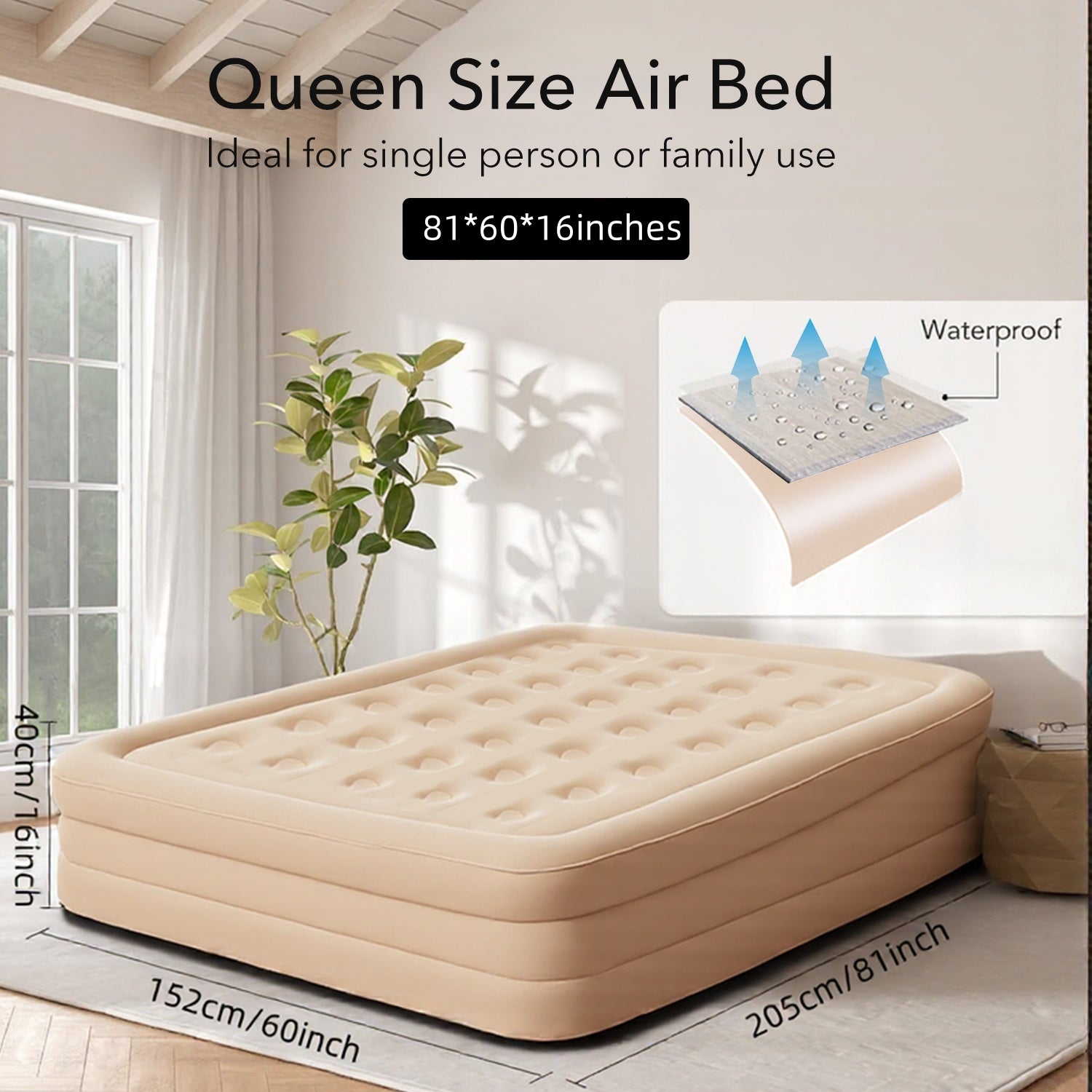 75 x 39 x 16/ 81 x 60 x 16 inches Queen Air Mattress, Air Mattress with Built in Pump, Inflatable Air Mattress for Guests, Camping & Home, 770lb Weight Capacity Khaki Bn-link