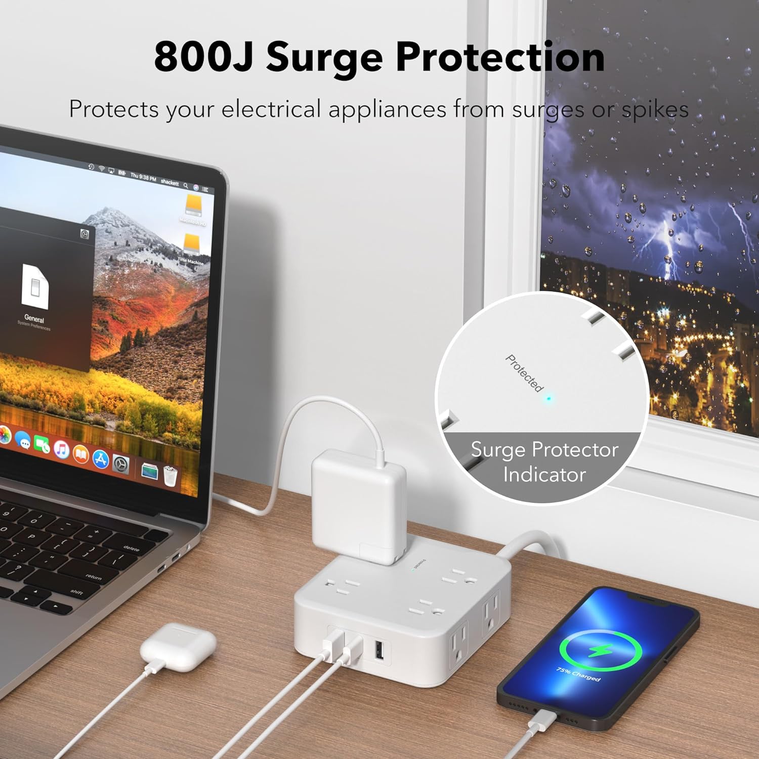 Surge Protector Power Strip with 3 USB Ports(1 USB C and 2 USB A),5 Ft Flat Plug Extension Cord with Multiple Outlets Bn-link - BN-LINK