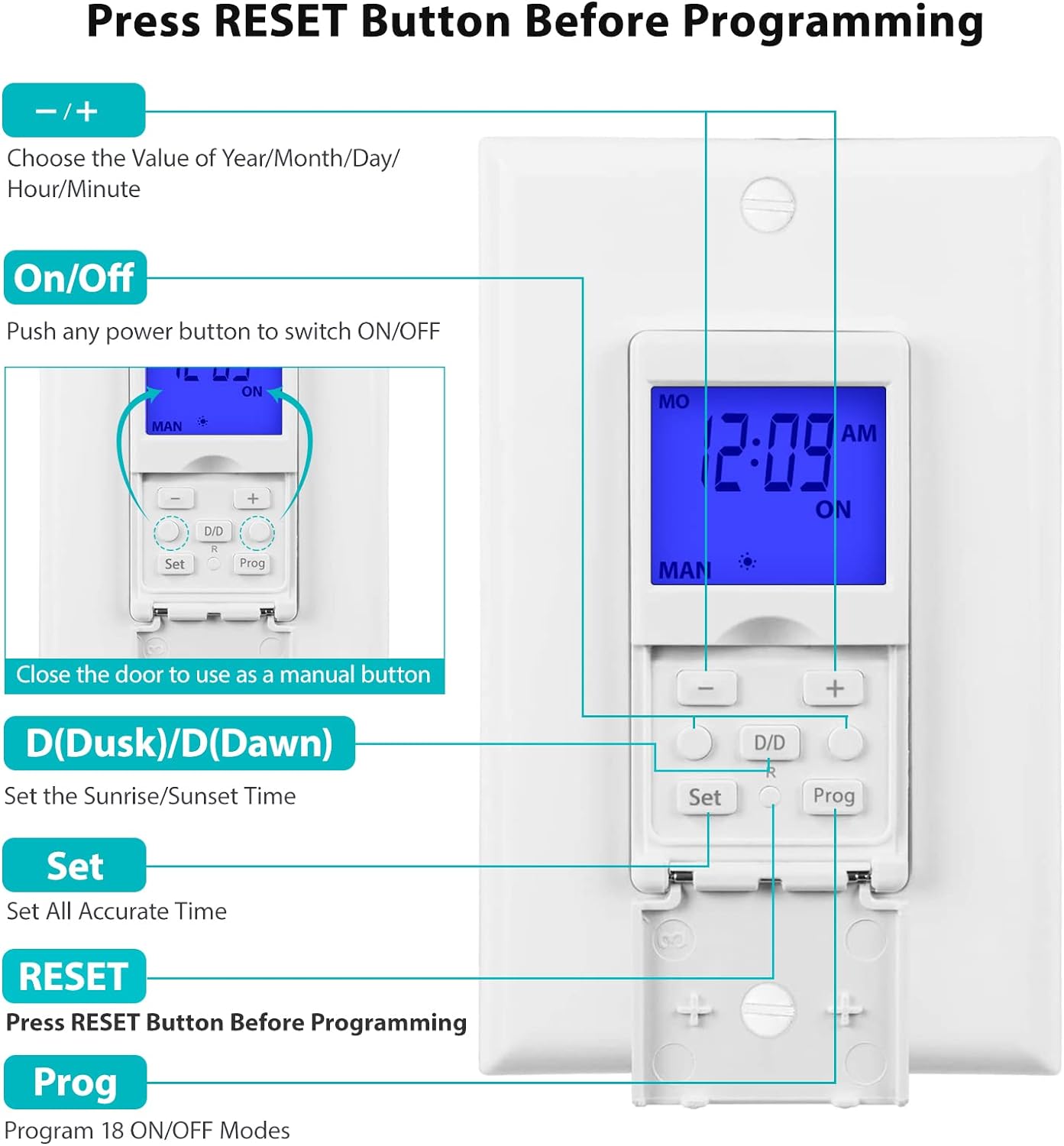 7 Day Programmable Astronomical in-Wall Timer Switch Neutral Wire Required Bn-link - BN-LINK