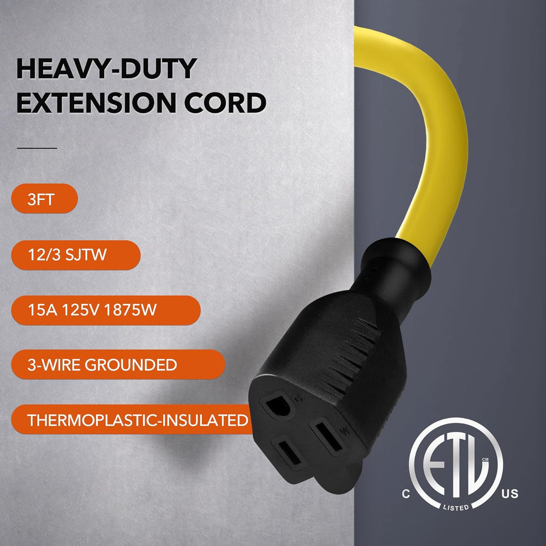 3ft Waterproof Outdoor Extension Cord 12/3 SJTW Heavy Duty Power Yellow Cord Bn-link - BN-LINK