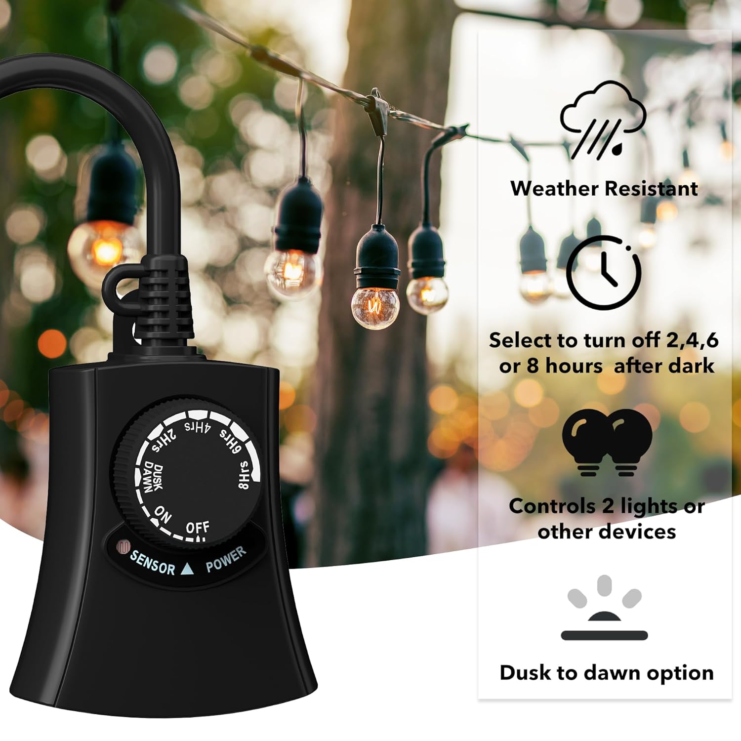 Outdoor Photocell Light Timer Waterproof Dusk to Dawn Sensor 2 Timer Outlet 2/4/6/8 Countdown HBN - BN-LINK