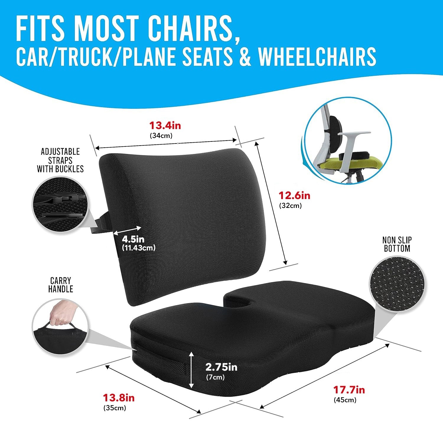 Seat Cushion and Lumbar Support Pillow Set for Office Chairs, Back Support Memory Foam Gel Cushion Bn-link
