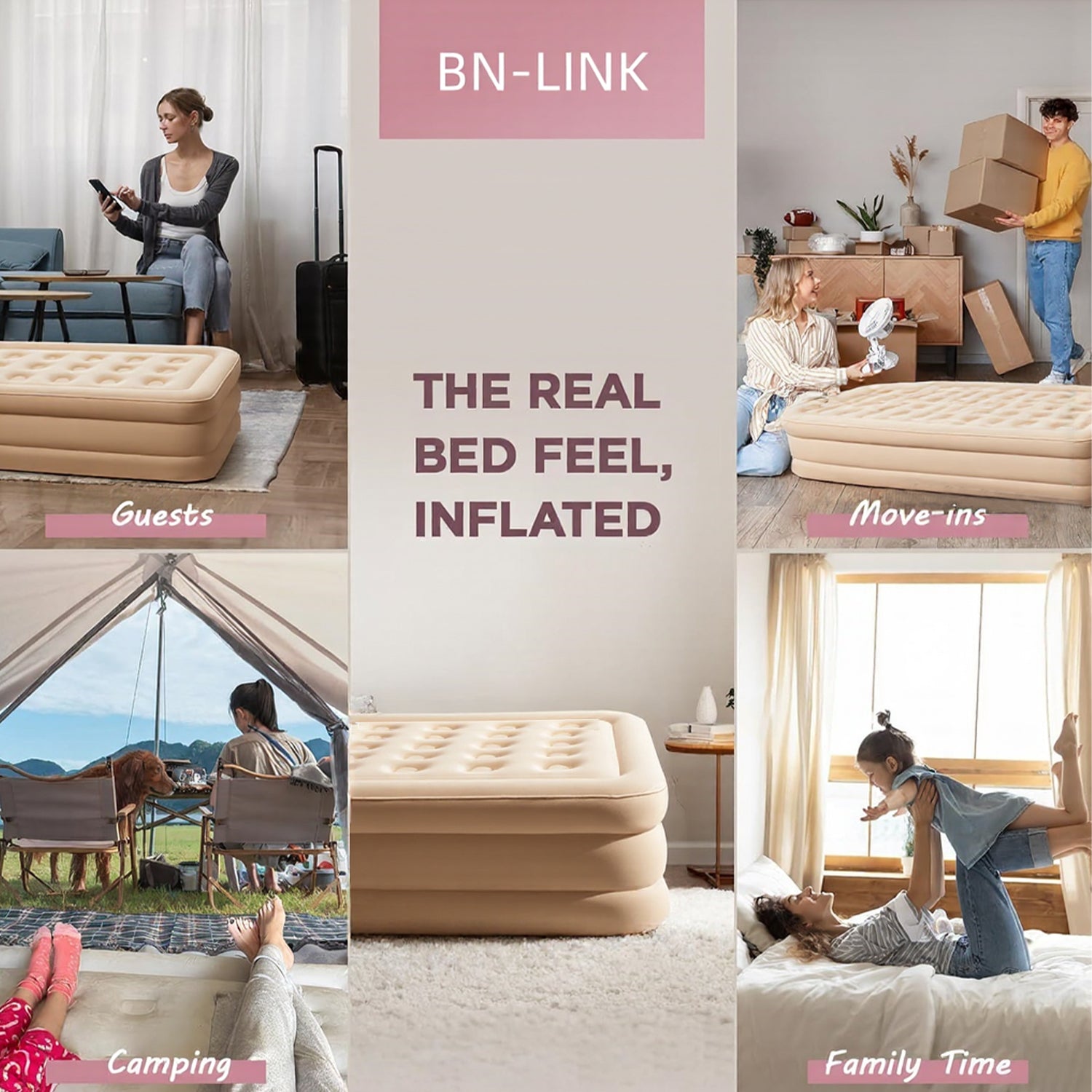 75 x 39 x 16/ 81 x 60 x 16 inches Queen Air Mattress, Air Mattress with Built in Pump, Inflatable Air Mattress for Guests, Camping & Home, 770lb Weight Capacity Khaki Bn-link