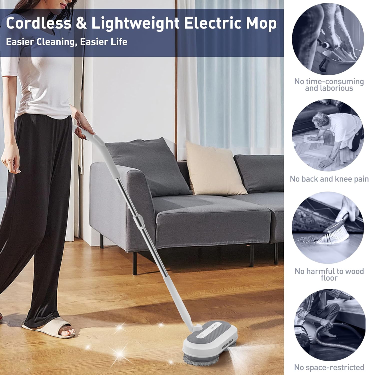 Cordless Electric Mop with Water Sprayer & LED Headlight, Powerful Floor Cleaner with 200ML Water Tank Bn-link