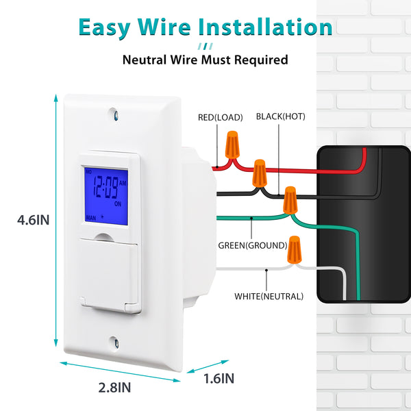 7 Day Programmable Astronomical in-Wall Timer Switch Neutral Wire Requ