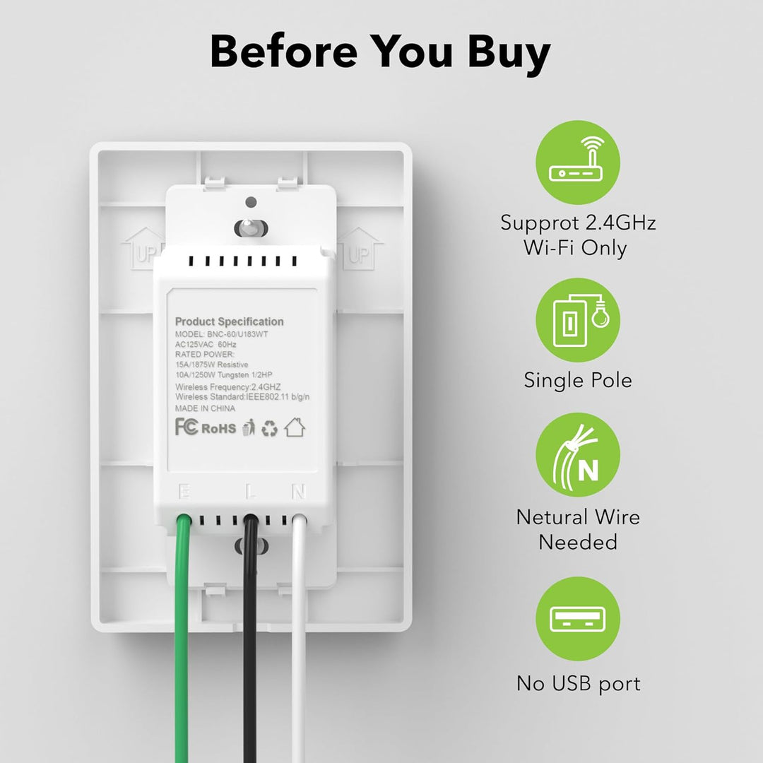 BN-LINK Smart In-Wall Wi-Fi Outlet with 2 Individually Controlled Outlets, Compatible with Alexa, Google Assistant, App Remote Control, 15A, 2.4ghz