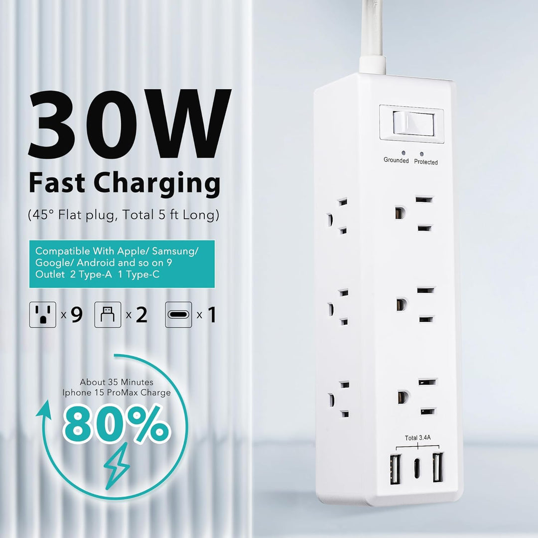Fast Charging 9 Outlets Surge Protector Flat Plug Power Strip 5FT Extension Cord Bn-link