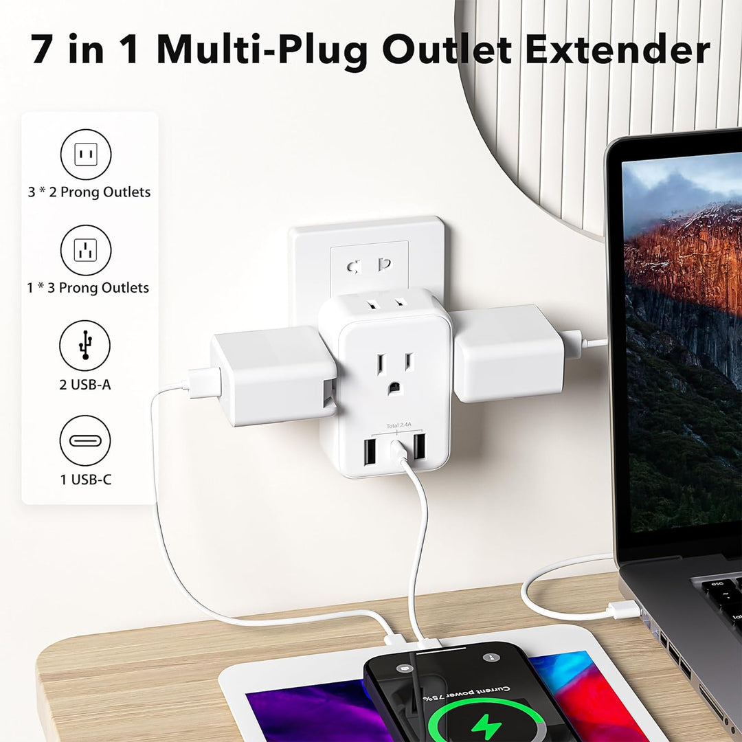 Multi Plug Outlet Extender Wall Charger with 4-Outlet Splitter &3 USB Ports(1 USB C Ports) Bn-link - BN-LINK