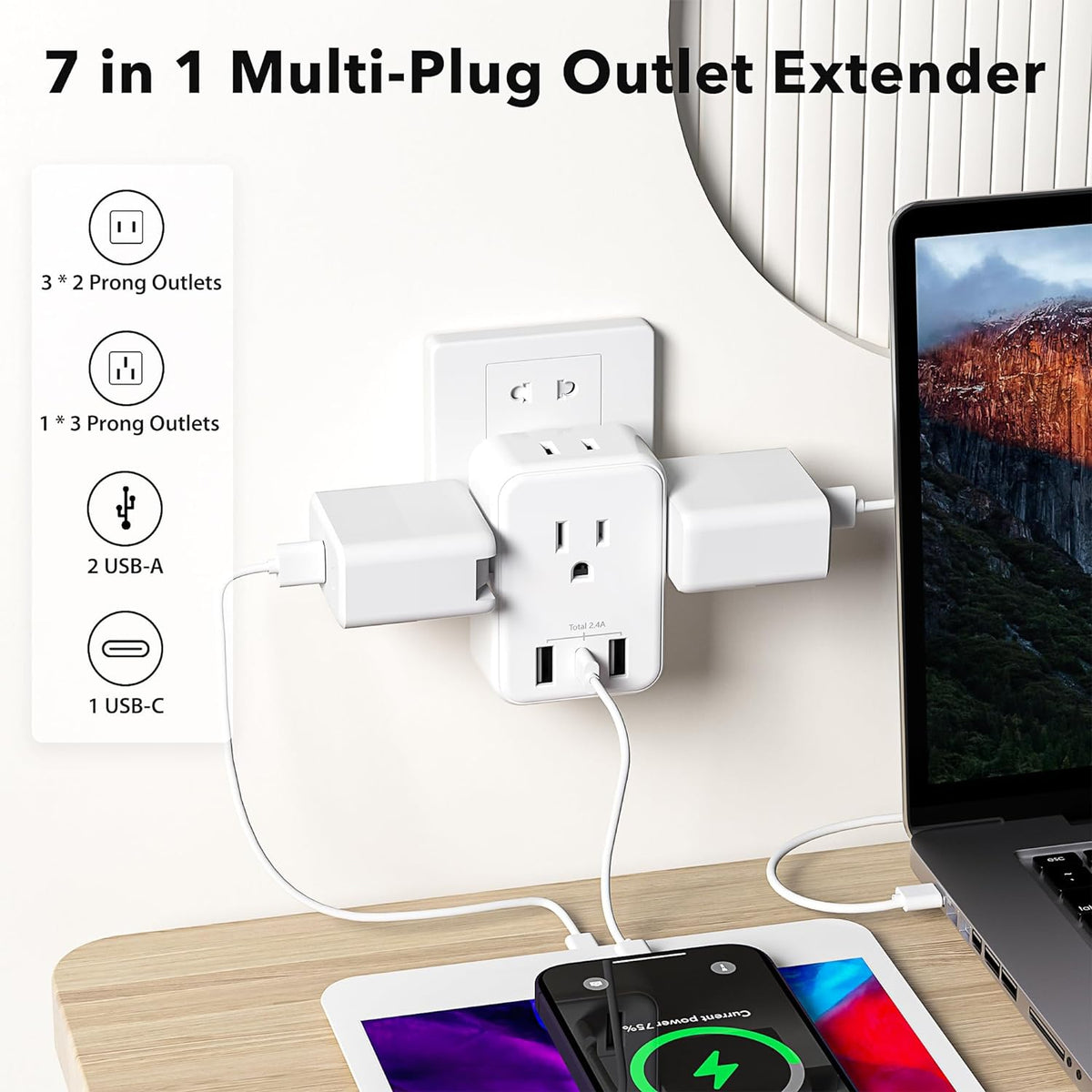 Multi Plug Outlet Extender Wall Charger with 4-Outlet Splitter &3 USB