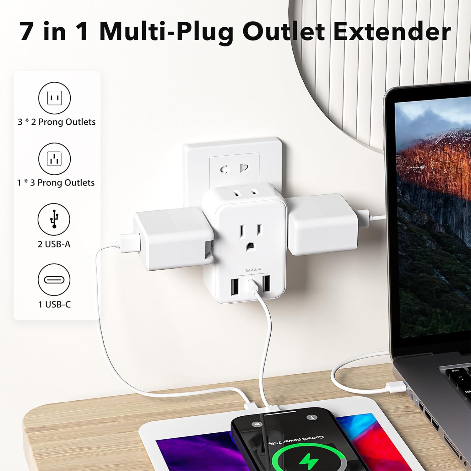 Multi Plug Outlet Extender Wall Charger with 4-Outlet Splitter &3 USB Ports(1 USB C Ports) Bn-link - BN-LINK