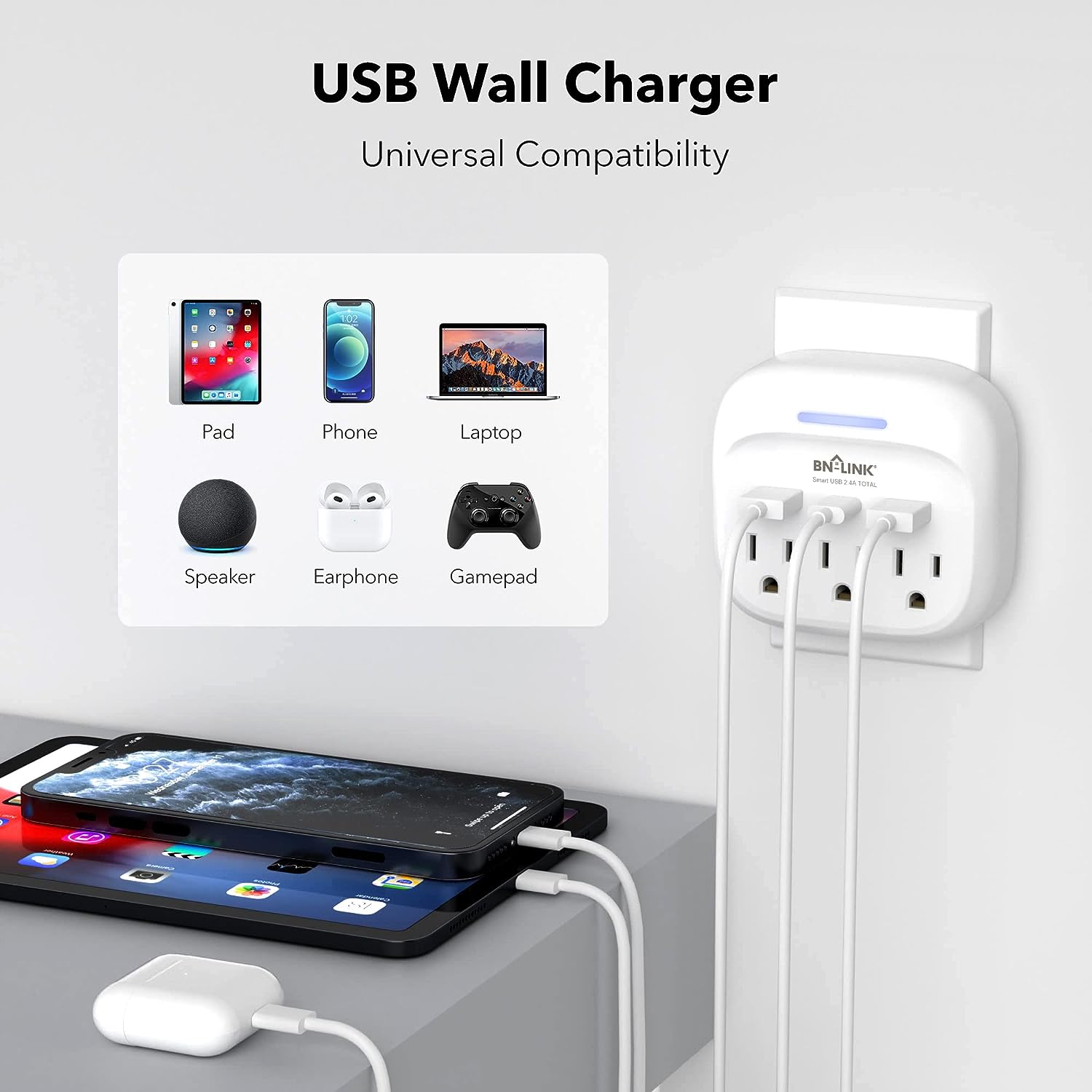 2 PACK Surge Protector Multi Wall Plug Outlet Splitter Extender 3 Outlets with USB C BN-LINK - BN-LINK