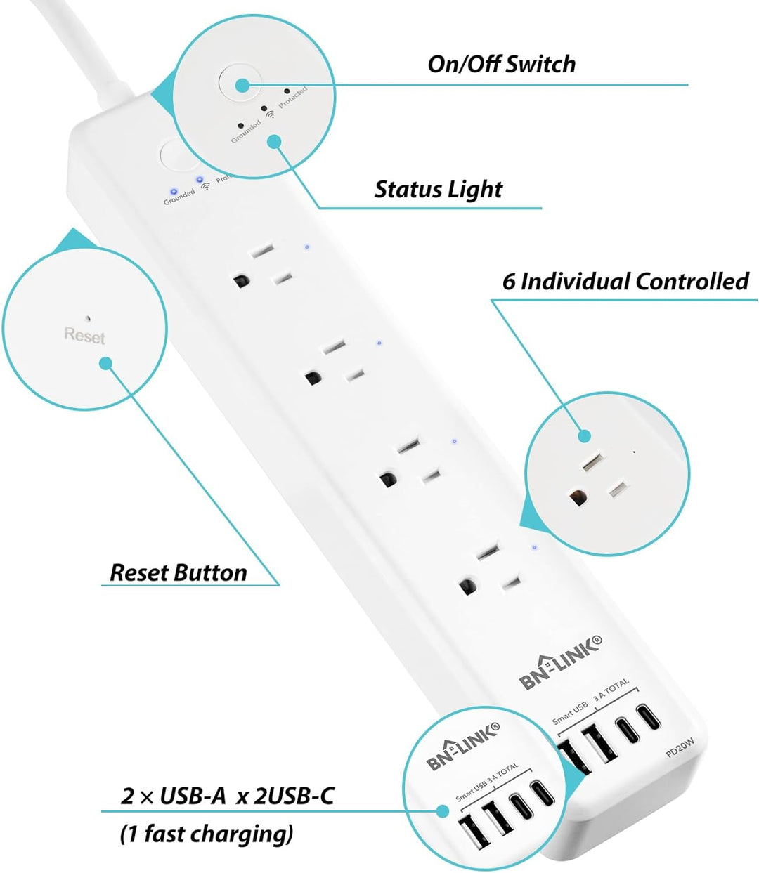 NOMA iQ 4-Outlet & 2 USB Port Smart Wifi Power Bar w/ Surge Protector, 4-ft  Cord, 300 Joules, Alexa and Google Assistant Compatible, White