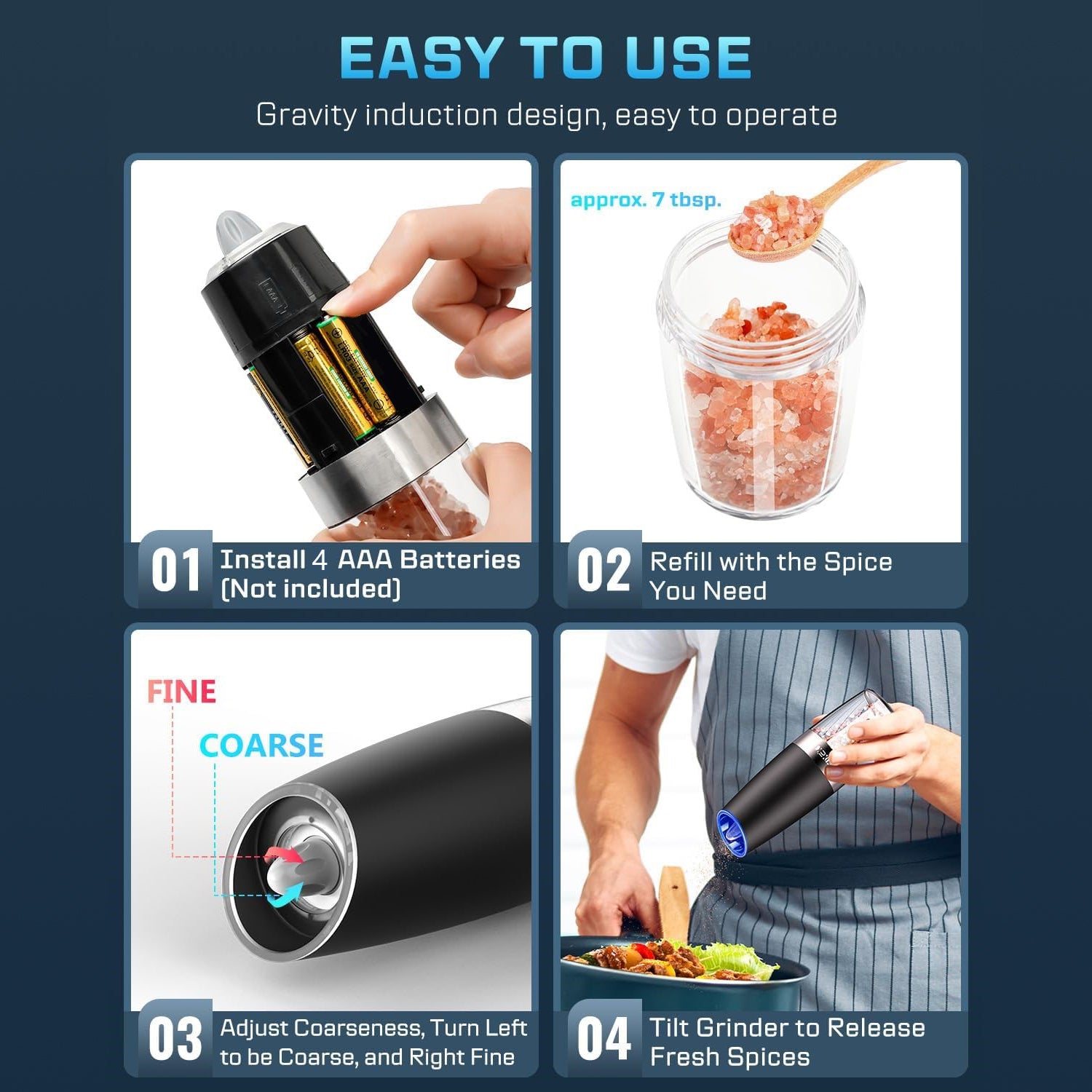 Gravity Electric Pepper and Salt Grinder Set, 2pack Battery Operated Automatic Pepper Mill Grinder with LED Light, Adjustable Coarseness, One Hand Automatic Operation Bn-link