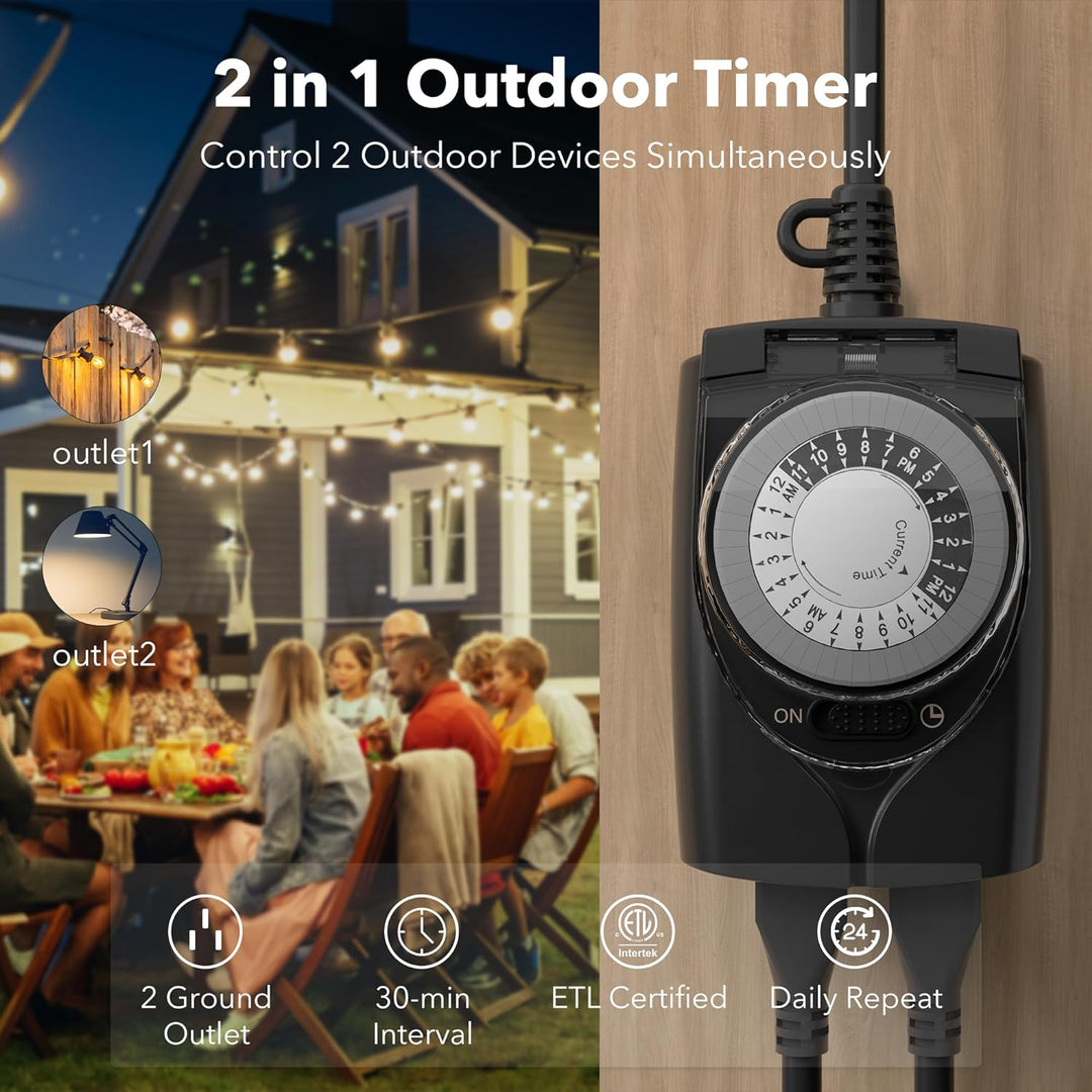 BN-LINK 24-Hour Mechanical Dual Outlet Outdoor Timer 