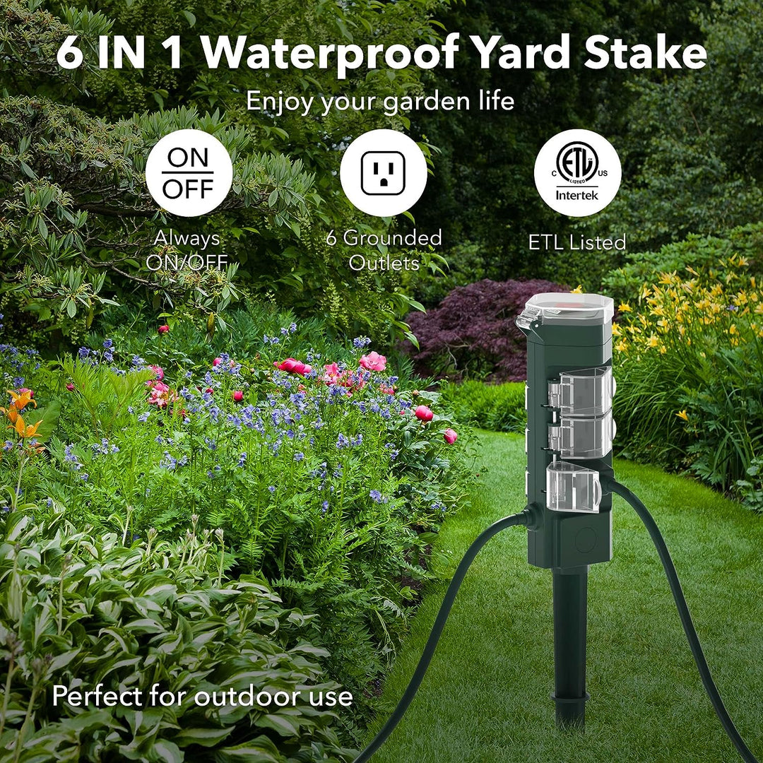 HBN Outdoor Smart Plug Waterproof WiFi Outdoor Outlet Timer with 6 Grounded  Outlets, Remote & Voice Control Heavy Duty Yard Stake Plug Compatible with