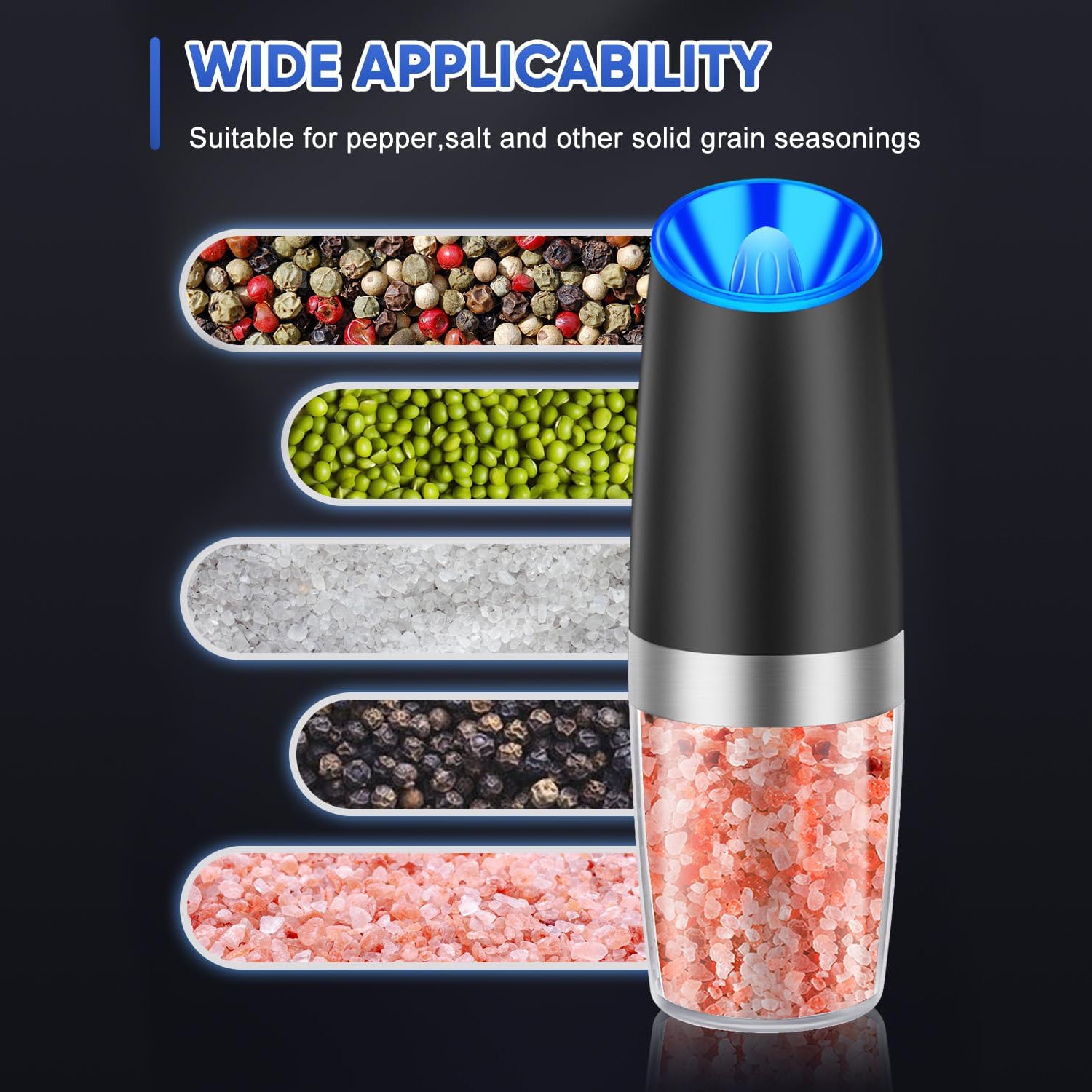 Gravity Electric Pepper and Salt Grinder Set, 2pack Battery Operated Automatic Pepper Mill Grinder with LED Light, Adjustable Coarseness, One Hand Automatic Operation Bn-link