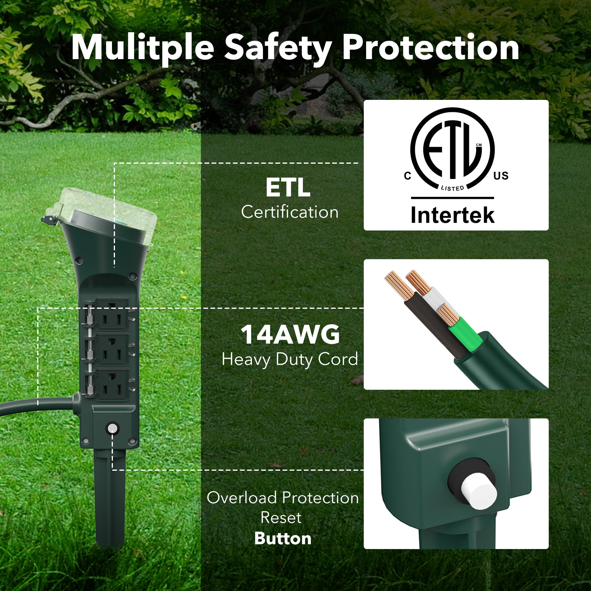 Outdoor Power Stake with 6 Outlets 6ft Extension Cord Overload Protection Weatherproof BN-LINK - BN-LINK