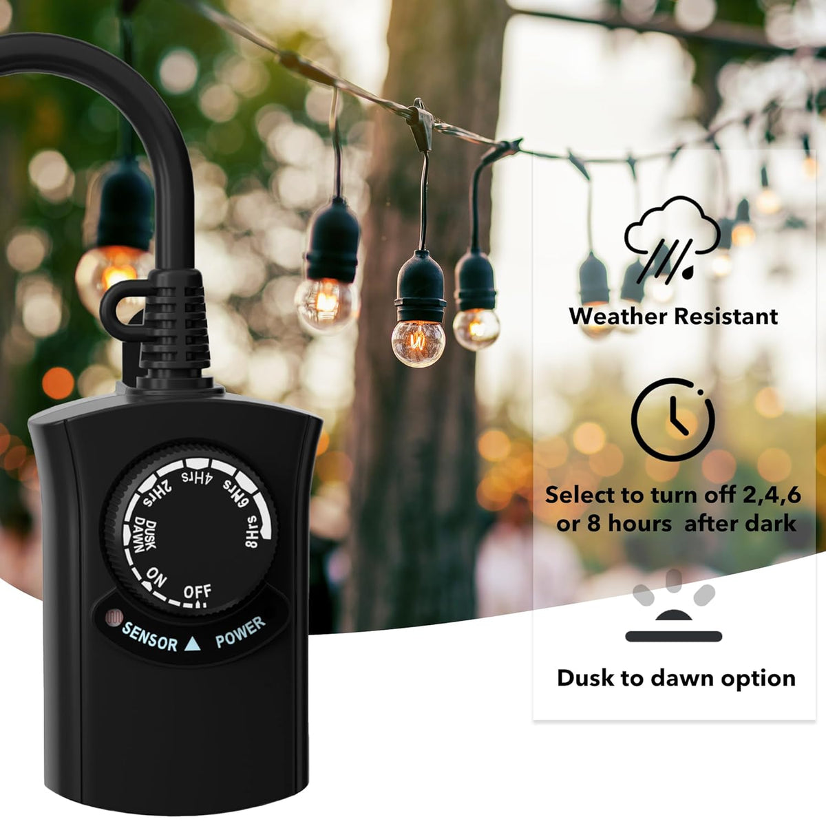 HBN Outdoor Light Timer Waterproof, Weatherproof Photocell Dusk to Dawn Light Sensor,2/4/6/8 Countdown Timer, 1 Grounded