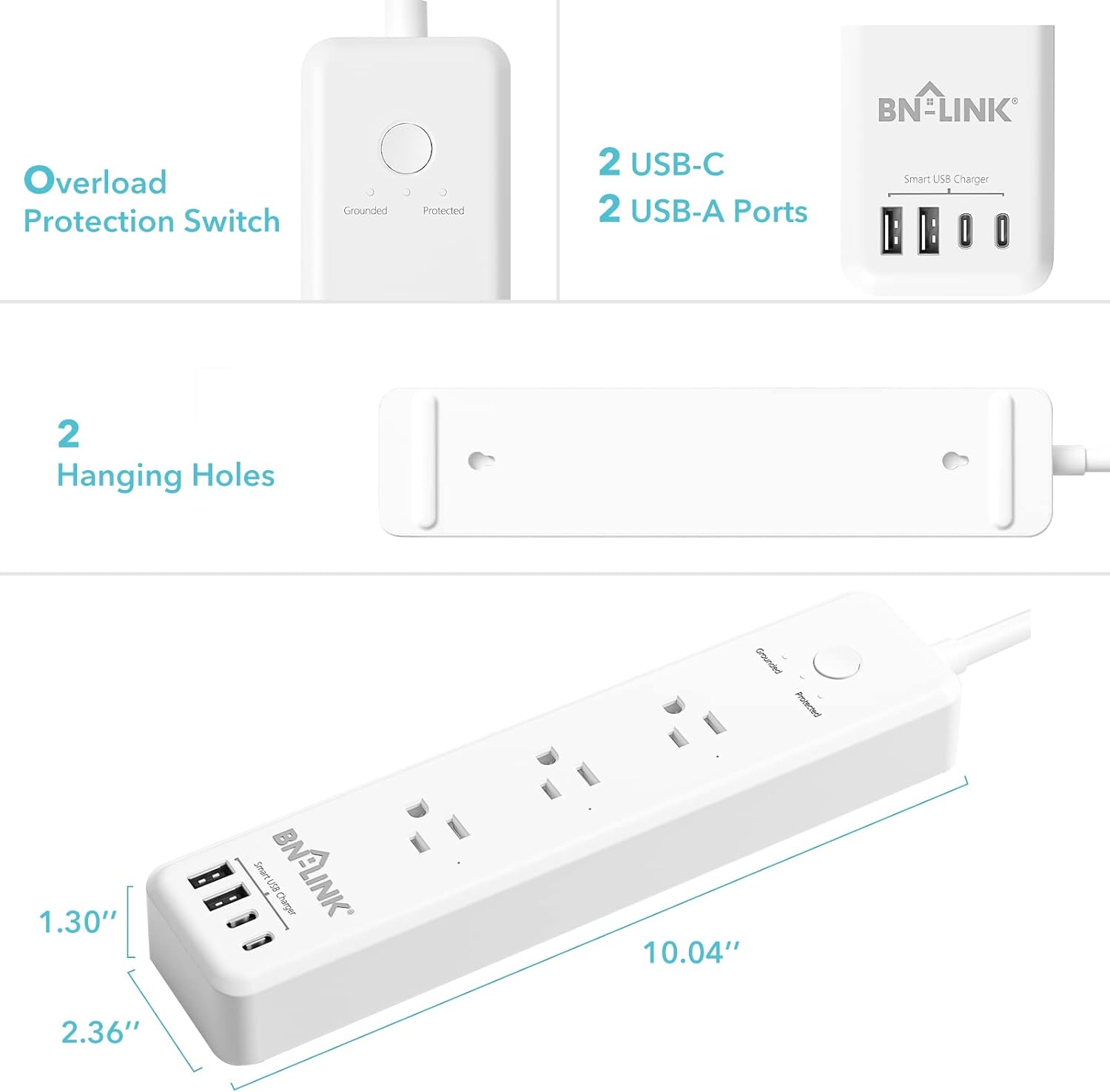 Surge Protector Power Strip with 4AC Outlets 4 USB Ports Heavy Duty BN-LINK - BN-LINK