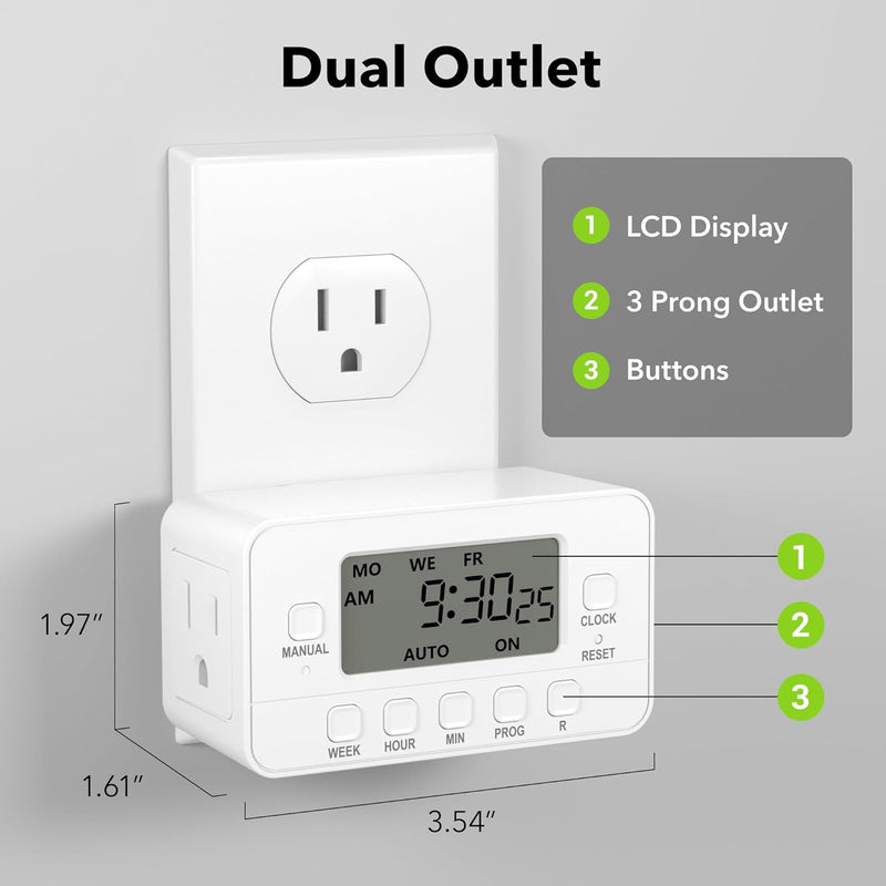 Dual Control Timer 7-Day Heavy Duty Digital Timer with Dual Outlet LCD Display 3-Prong BN