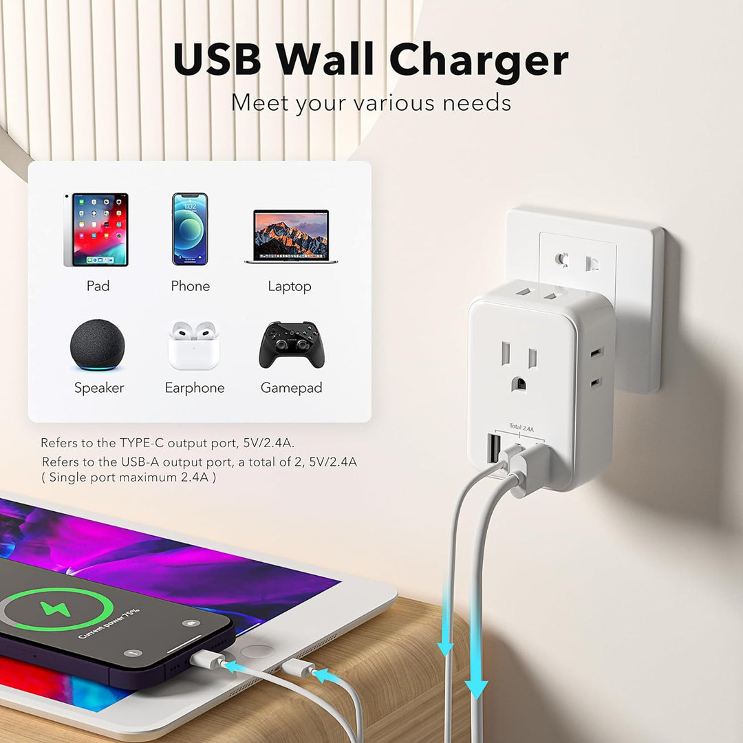 Multi Plug Outlet Extender Wall Charger with 4-Outlet Splitter &3 USB Ports(1 USB C Ports) Bn-link - BN-LINK